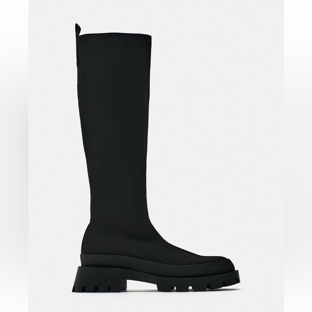 Zara Black knee high knit lug sole Boots